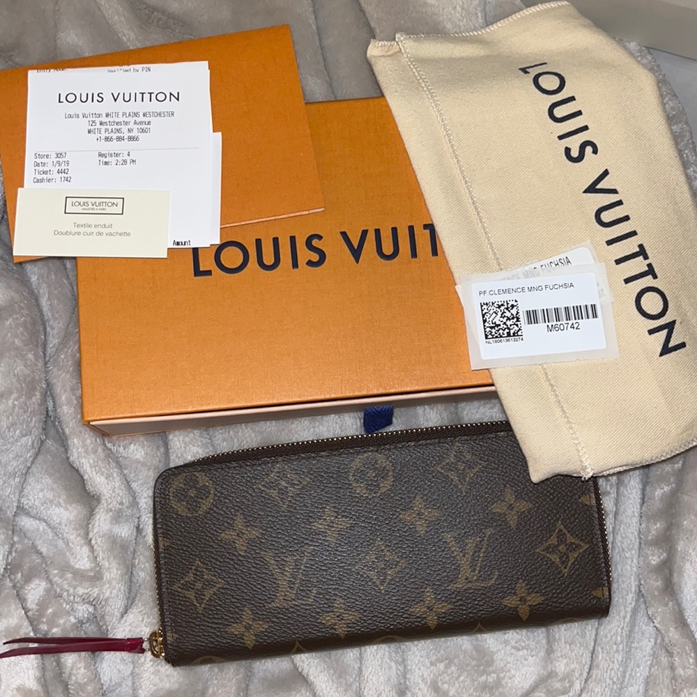 Louis Vuitton Monogram Canvas Zippy Wallet with Brown Monogram and Red Accent